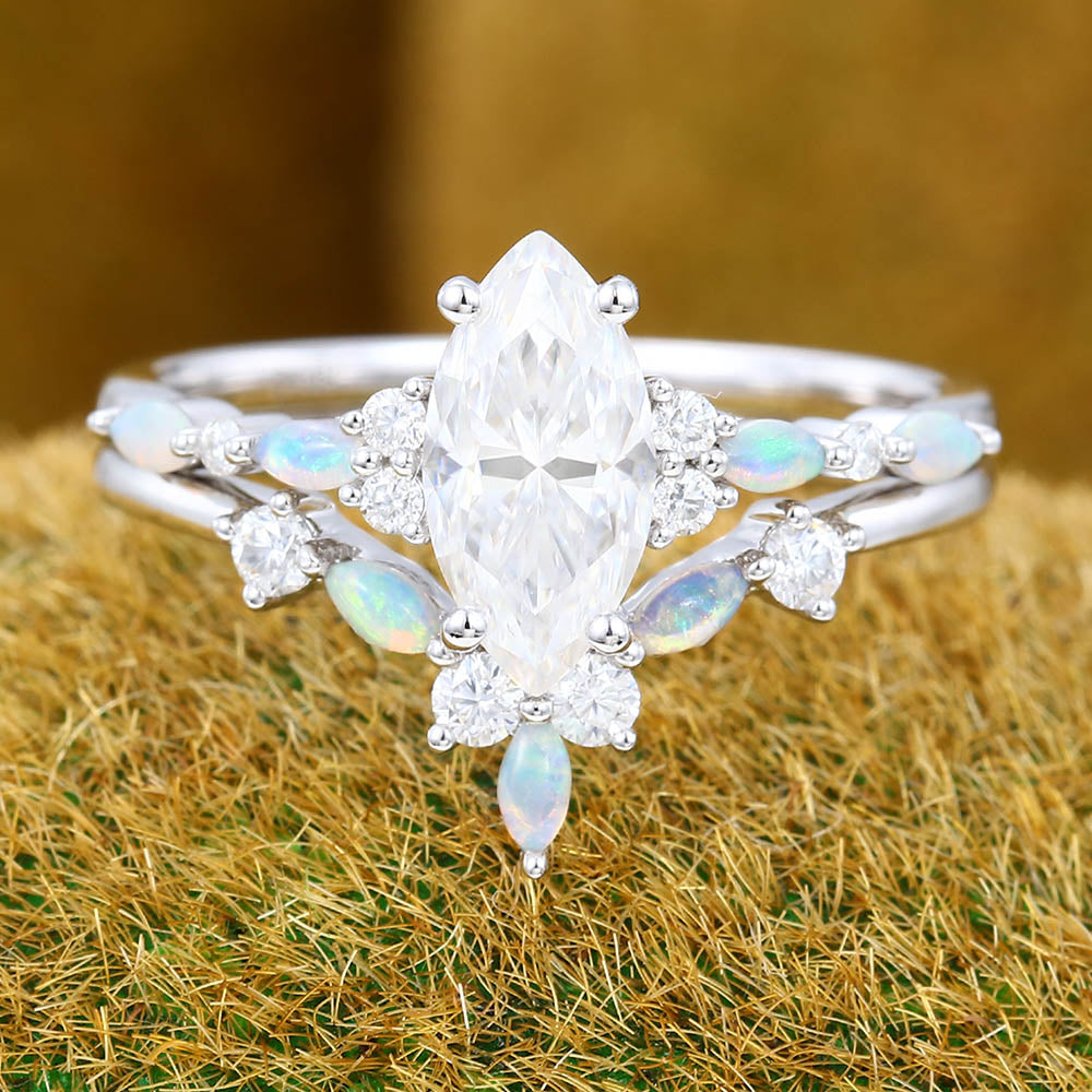 Vintage 1CT Marquise Cut Moissanite Engagement Ring Set with Opal & Diamond Cluster
