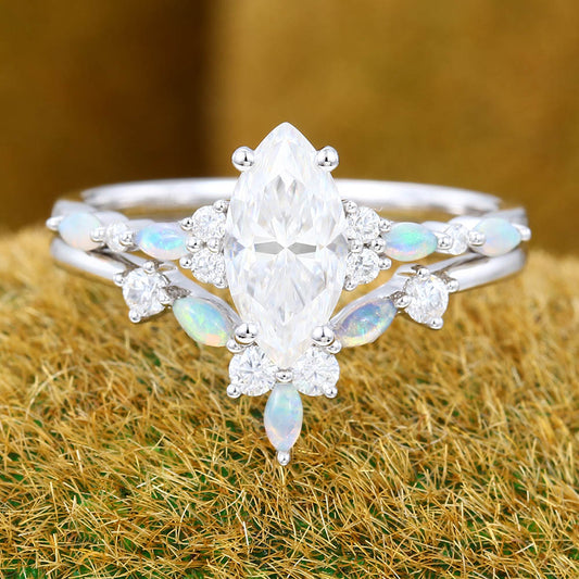 Vintage 1CT Marquise Cut Moissanite Engagement Ring Set with Opal & Diamond Cluster