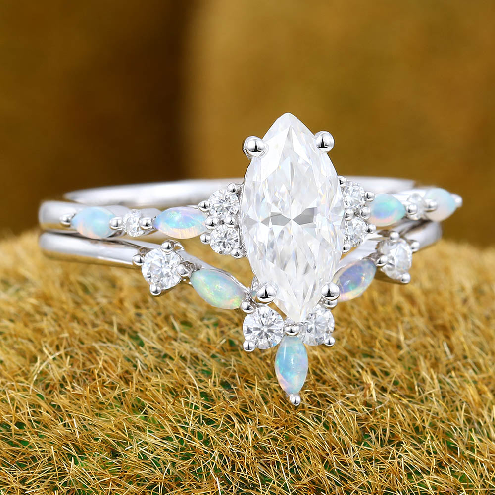 Vintage 1CT Marquise Cut Moissanite Engagement Ring Set with Opal & Diamond Cluster