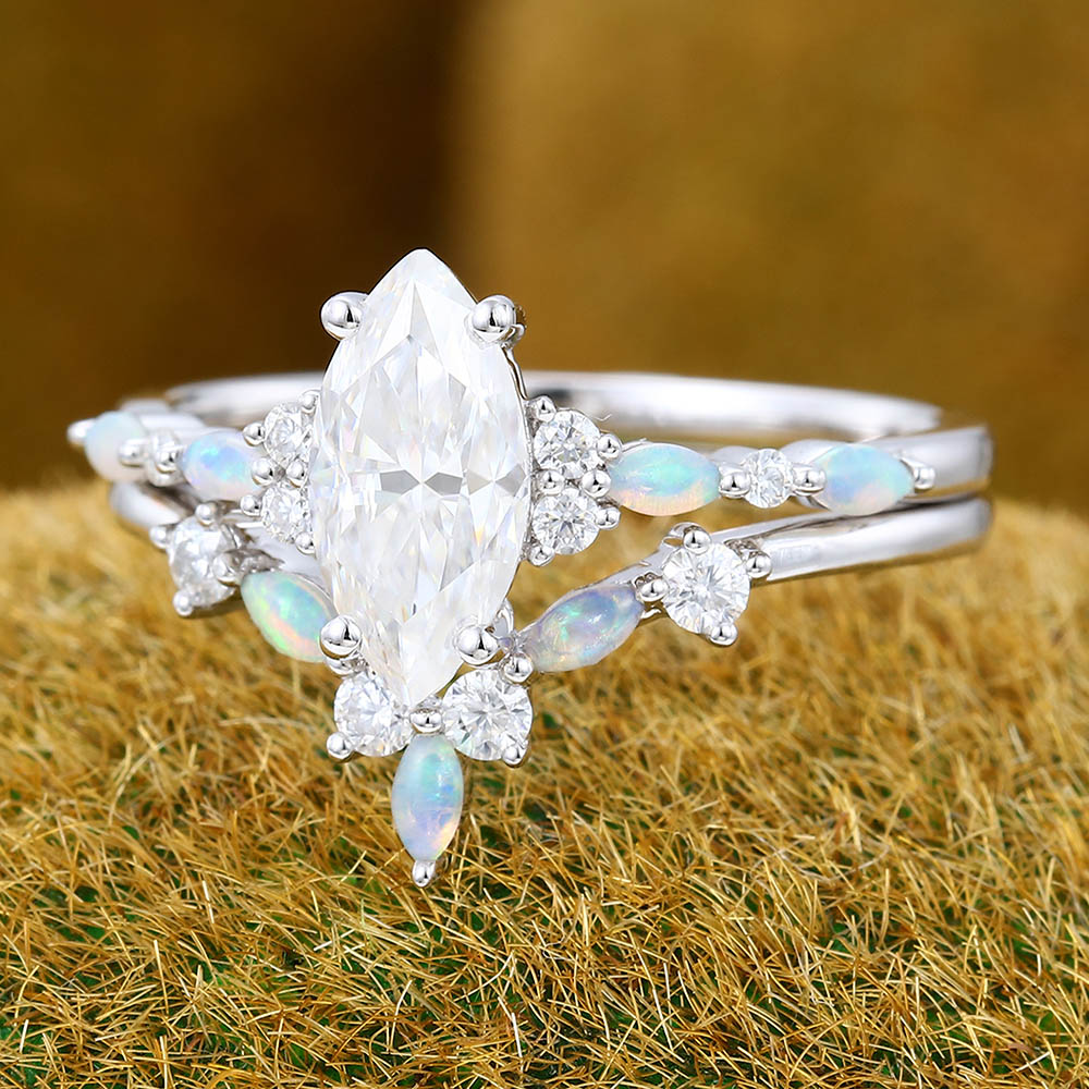 Vintage 1CT Marquise Cut Moissanite Engagement Ring Set with Opal & Diamond Cluster