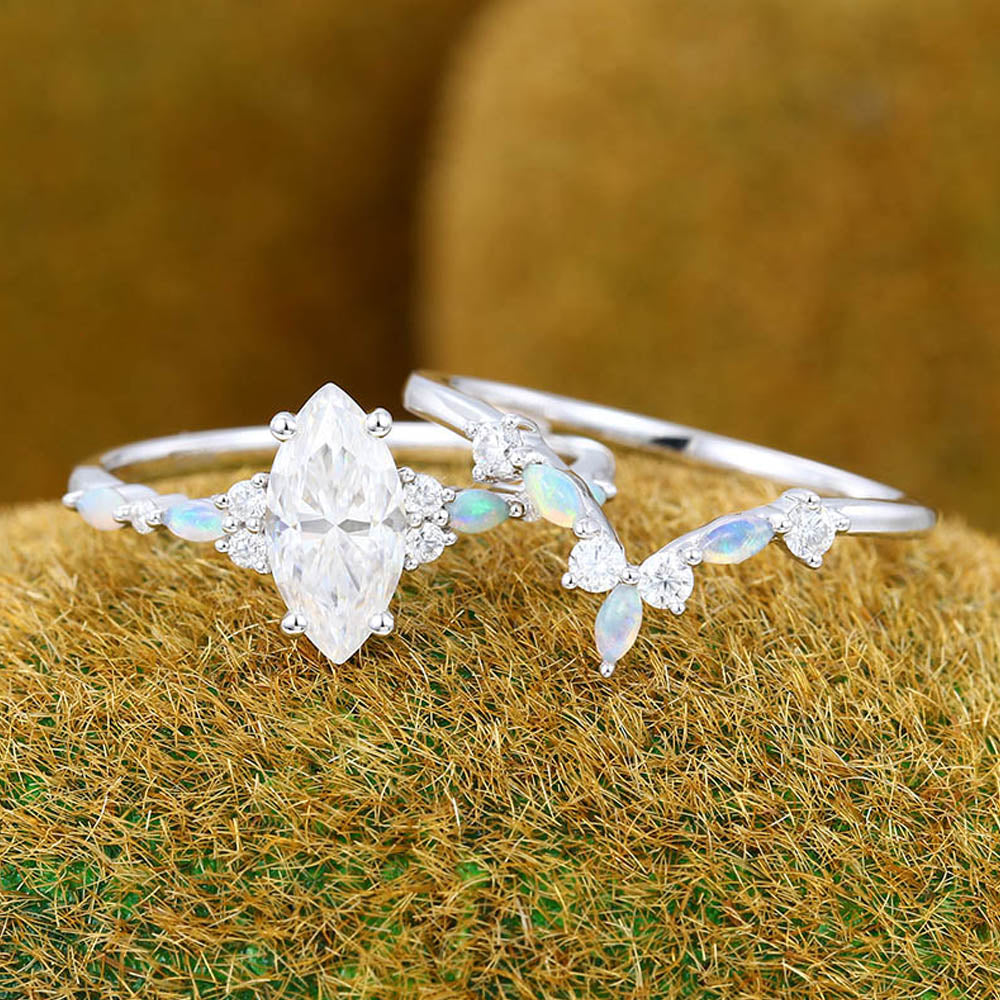 Vintage 1CT Marquise Cut Moissanite Engagement Ring Set with Opal & Diamond Cluster
