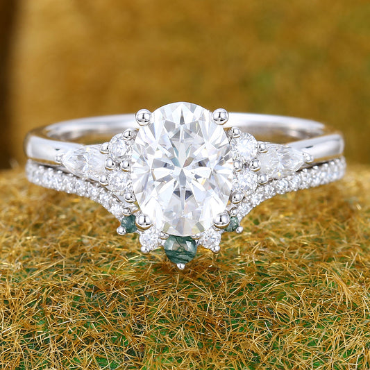 Oval Cut Moissanite Engagement Ring Set with Half Eternity Band