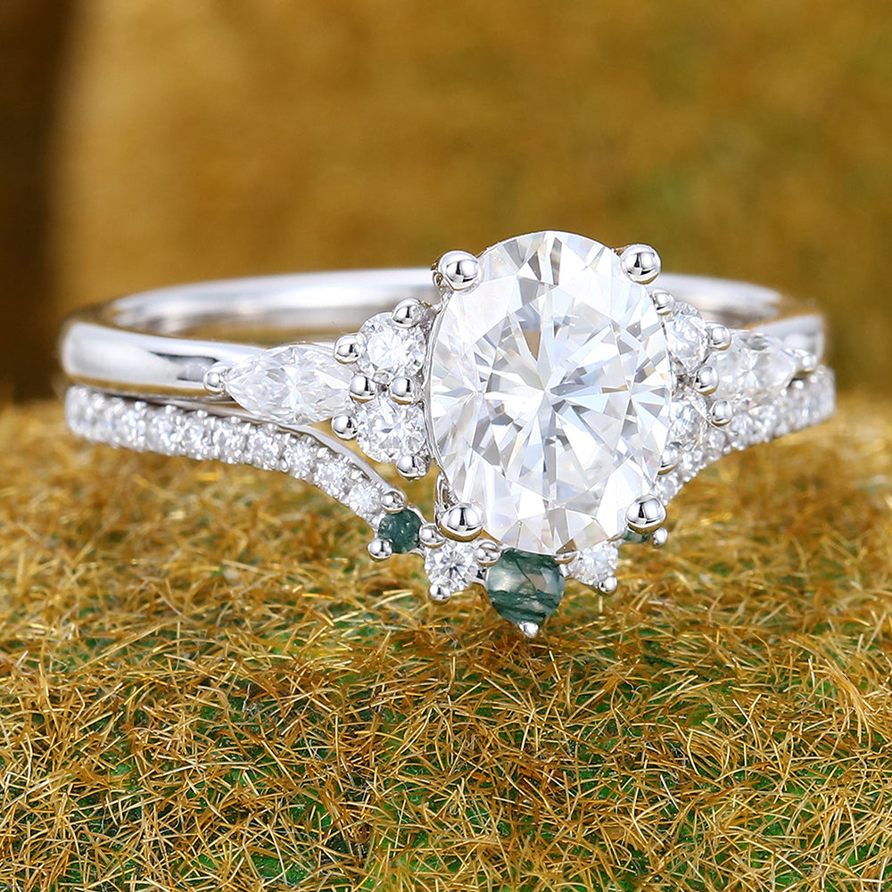 Oval Cut Moissanite Engagement Ring Set with Half Eternity Band
