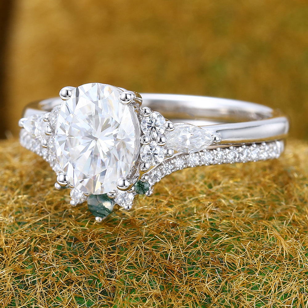 Oval Cut Moissanite Engagement Ring Set with Half Eternity Band