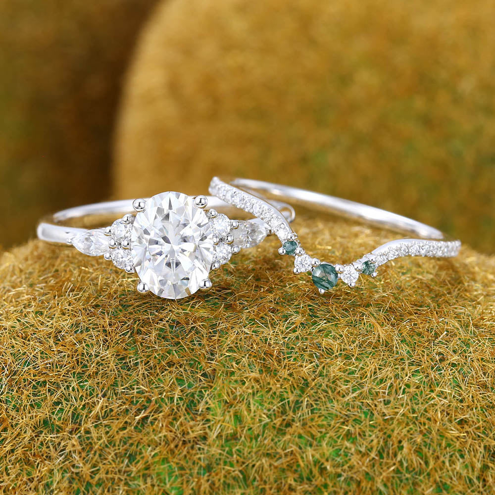 Oval Cut Moissanite Engagement Ring Set with Half Eternity Band