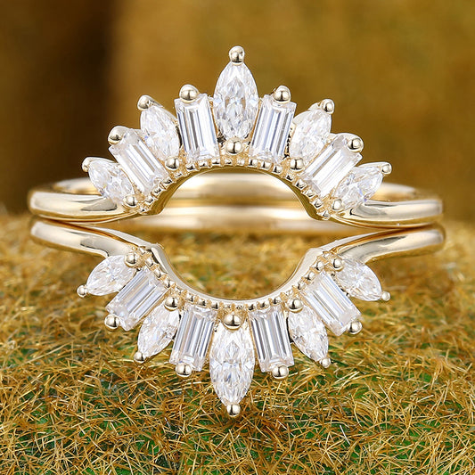 Art Deco Moissanite Wedding Ring Set 2PCS Curved Wedding Band
