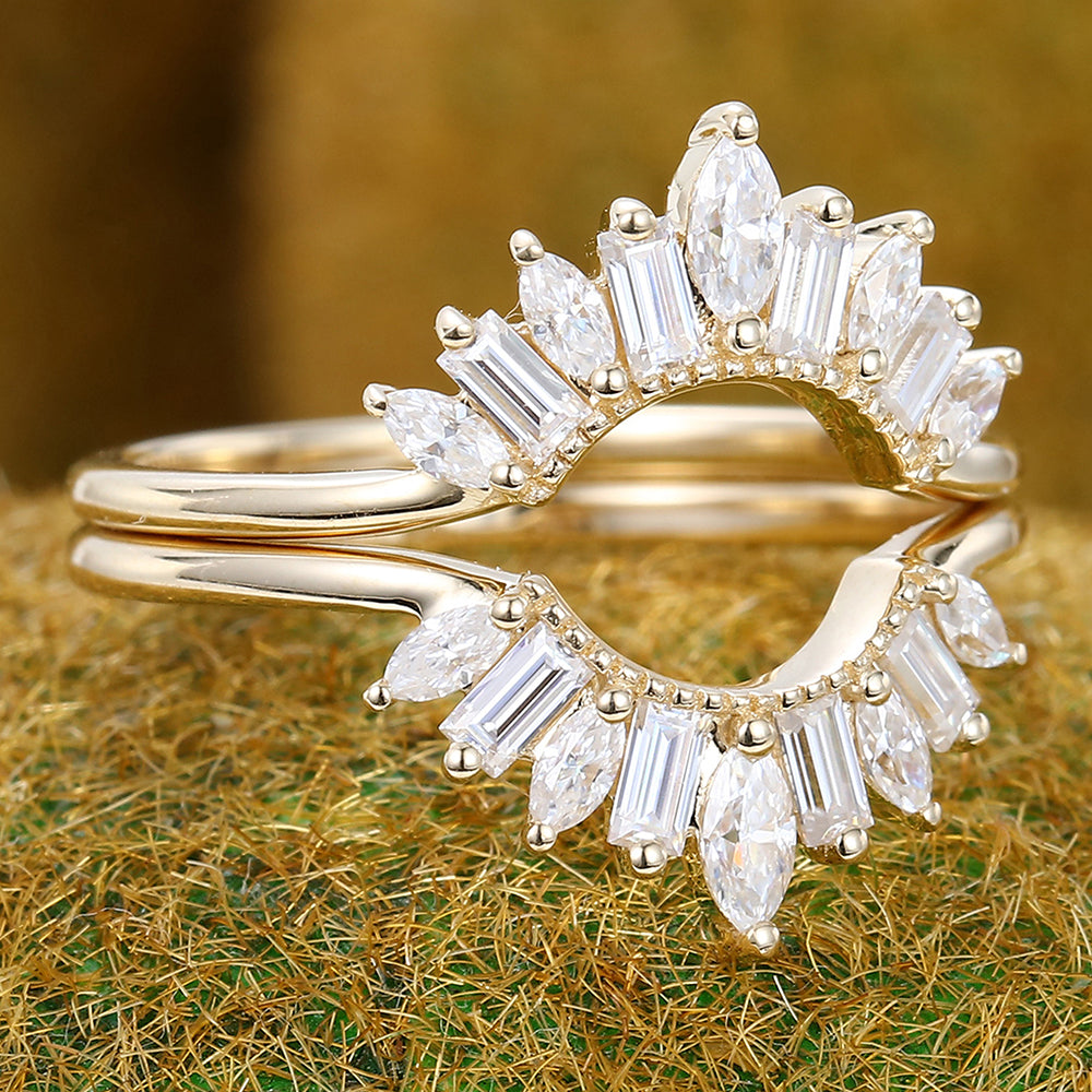 Art Deco Moissanite Wedding Ring Set 2PCS Curved Wedding Band