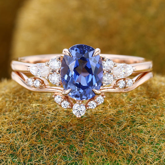 Oval Cut Cornflower Sapphire Engagement Ring Set 2PCS Bridal Ring Set