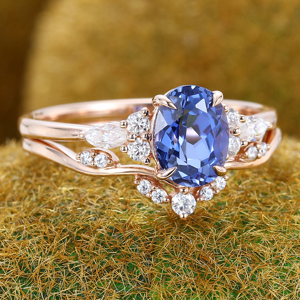 Oval Cut Cornflower Sapphire Engagement Ring Set 2PCS Bridal Ring Set