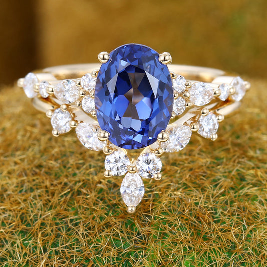 Vintage Oval Cut Cornflower Sapphire Engagement Ring Set with Antique Marquise Diamond Accents